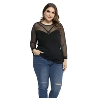 2021 sexy transparent plus size tops women lace patchwork blouse summer bodycon long sleeve mesh blusas office lady elegant top