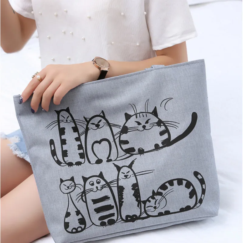 Новая Холщовая Сумка ручной работы с мультяшным котом женская сумка большой