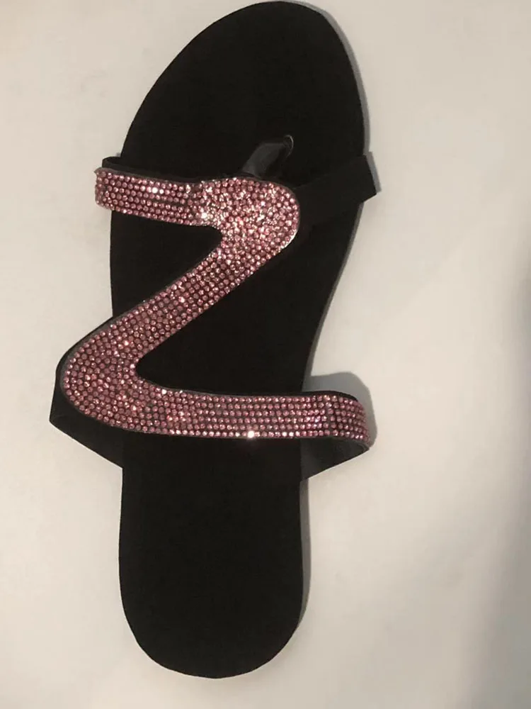 Летние женские шлепанцы; Zapatos De Mujer; модные пляжные шлепанцы со стразами; обувь на плоской подошве; женские шлепанцы; большие размеры; блестящие вьетнамки