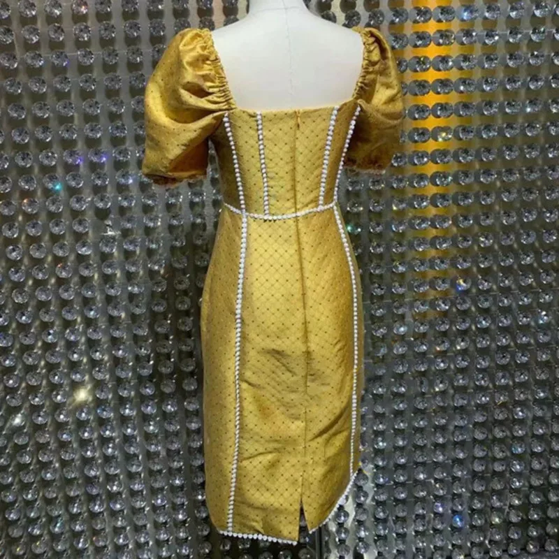 

DEAT 2021 New Women's Fashion Puff Sleeve Lace Patchwork Contrast Color Slimming Bag Hip High Waist Dress Summer Autumn 7E1025