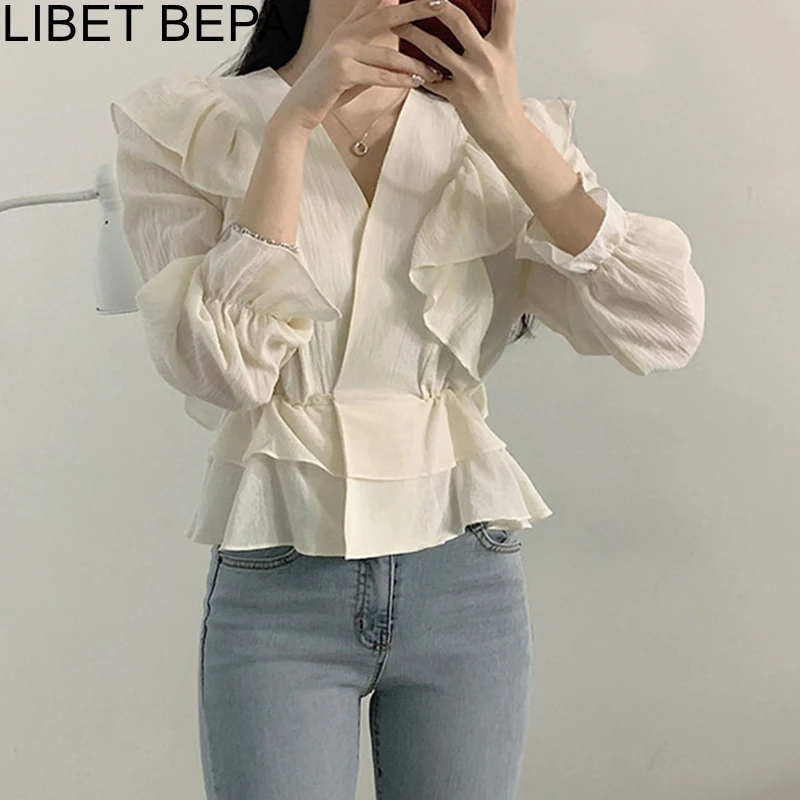 

Женская блузка с оборками, Элегантная короткая рубашка в Корейском стиле с рукавами-пагодами, весна-лето 2021