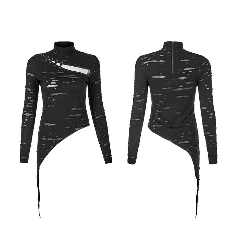 Женская футболка из ПУ кожи с асимметричным вырезом и пряжкой