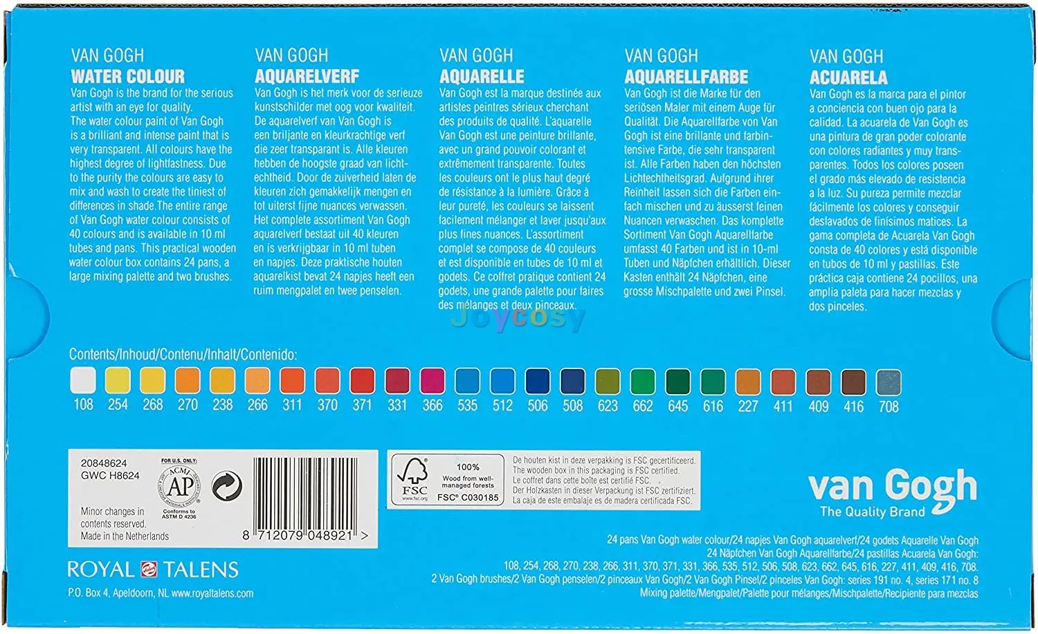 Van Gogh Artist Watercolor Paint Set Deluxe Wood Box 24-Half Pan 3 Accessories Include Mixing Palette and 2 Brushes |
