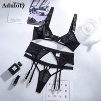aduloty womens sexy mesh solid color hollow out perspective underwear underwire gather bra thong garter belt erotic lingerie