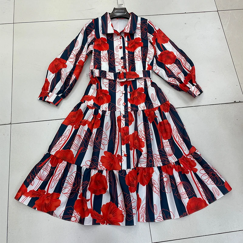 

2021 New Elegant Flower Print Puff Sleeve Shirt Dress Women Fashion Lace-up Slim Waist Midi Dress Vacation Robe Party Vestidos