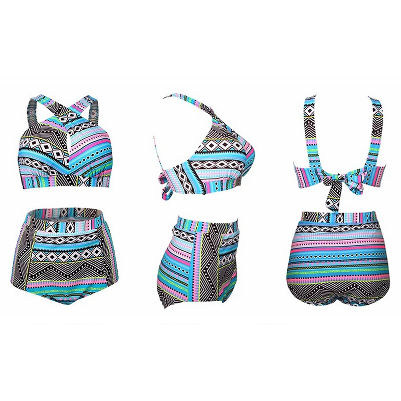 

Plus Size Women Striped Print Swimwear Sexy Hollow Out Halter High Waist Swimsuit Two Piece Push Up Beachwear Bathing Suit