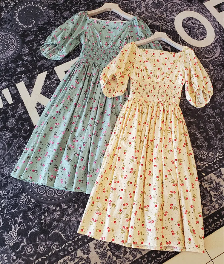 

BLLOCUE 2020 New Short Sleeve Bohemia Chiffon Dress Women Summer Vintage Cherry Print Elastic waist Casual Dresses Vestidos
