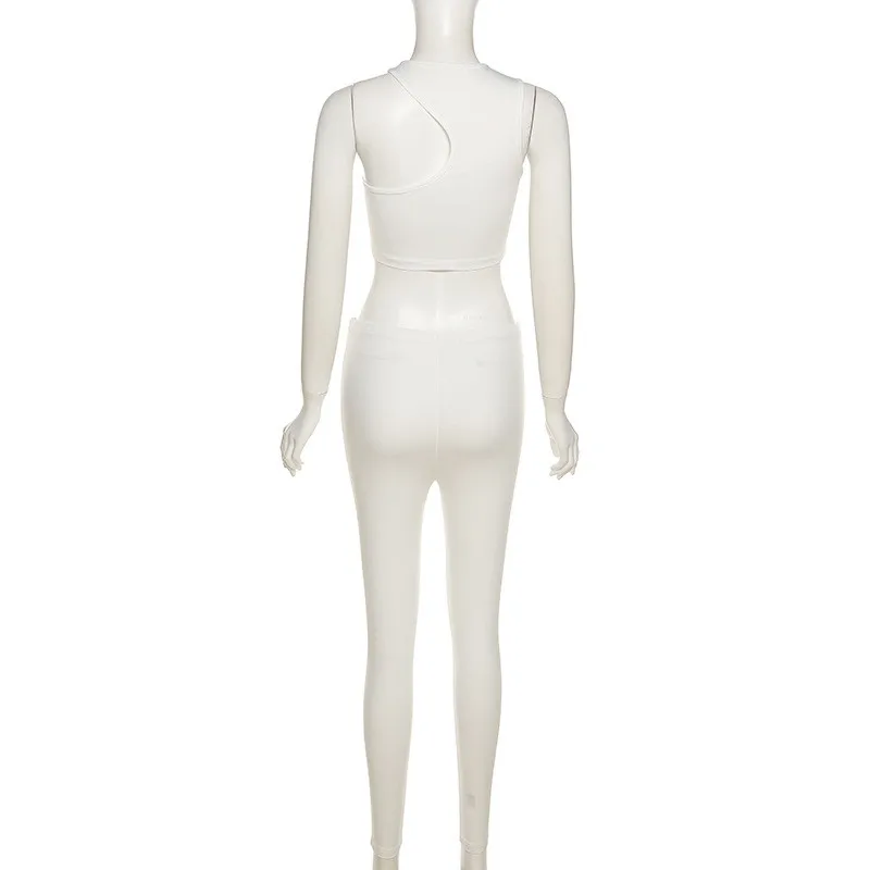 

Classic Women White Two Pieces Women Round-Neck One Shoulder Sexy Crop Top+Elastic Longs Outfit Fitness Sporty Running Lady Set