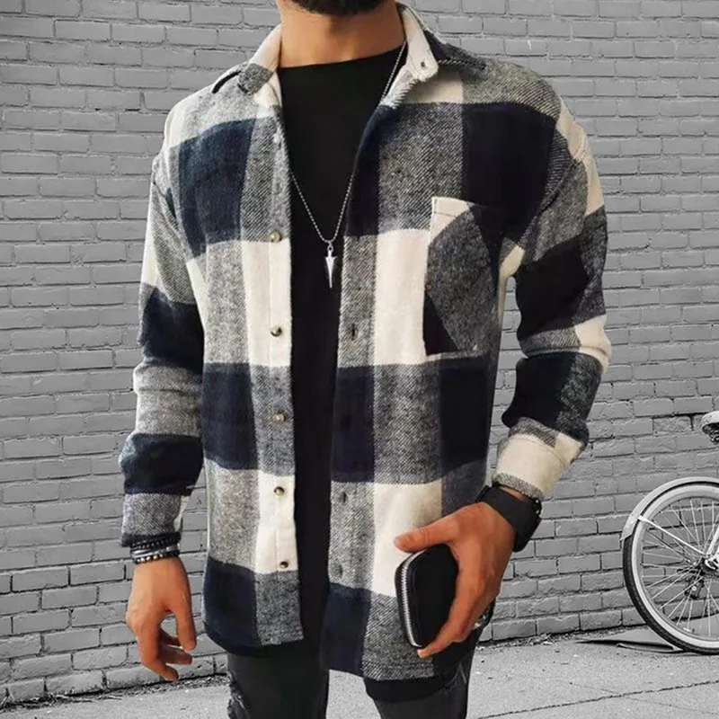 

Men's Casual Brushed Flannel Plaid Checkered Shirts Single Patch Pocket Long Sleeve Standard-fit Thick Gingham Button-down Shirt