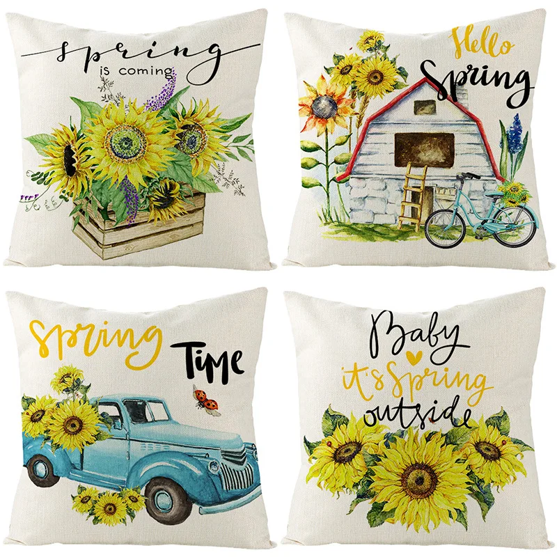 

2021 New Luxury Yellow Sunflower Printing Pillow Case Home Living Room Sofa Bedroom Bedside Cushion Cover Boho Flower Pillows