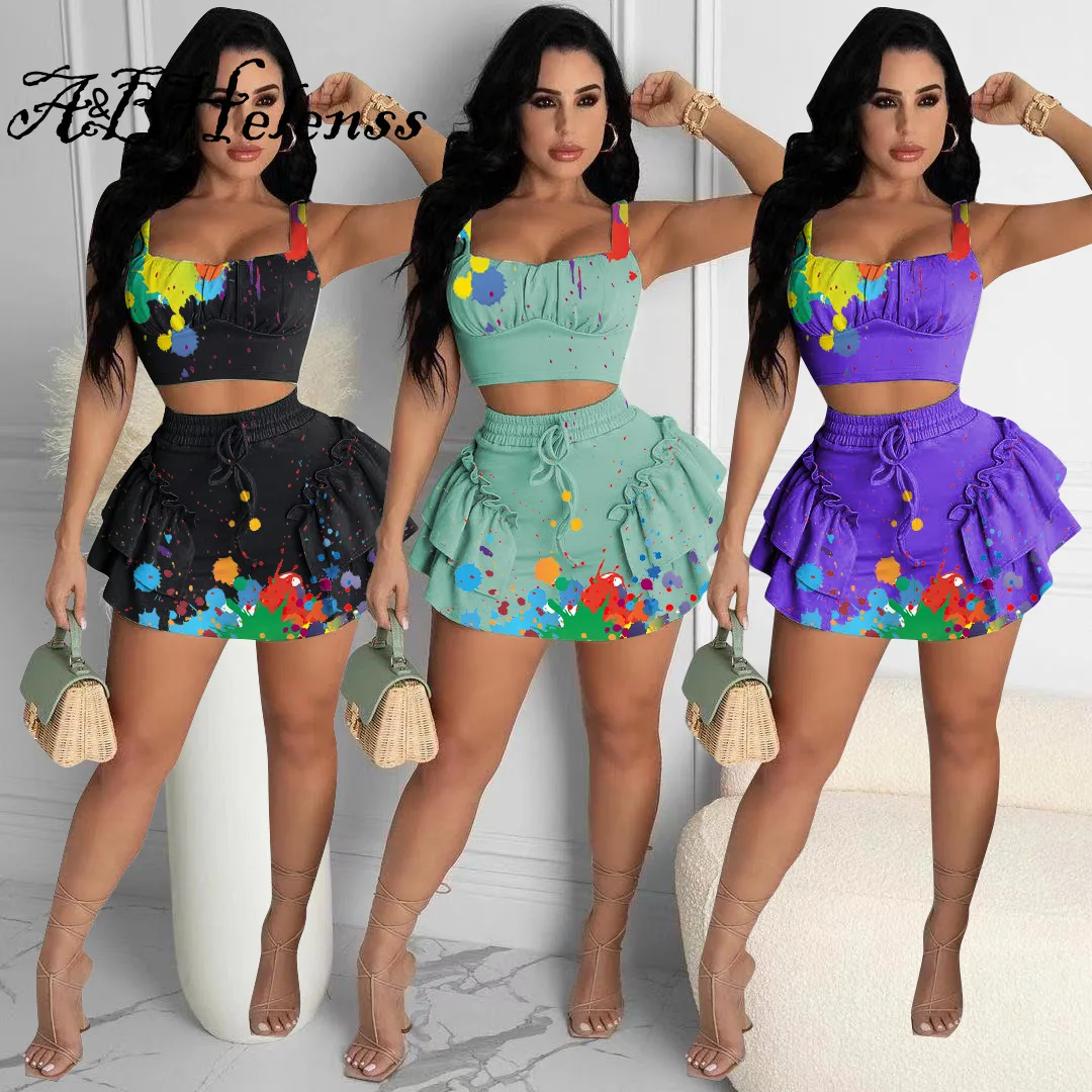 

Модный повседневный жилет на бретельках с отделкой чернилами и мини-юбка с деревянными ушками, комплект из 2 предметов, летняя юбка