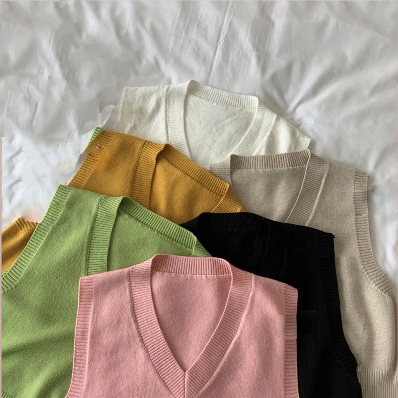 

Loose Sleeveless Sweaters Pullovers Jumper Knitted Sweater V Neck Candy Color Vest Tank Top Autumn Winter Warm Sweaters White