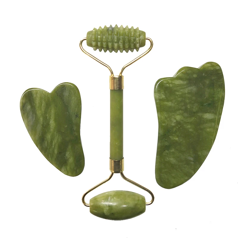 Jade Roller Facial Massager Green Natural Real Stone Guasha Board Face Skin Care Massage Tools Beauty Lifting Slimming Scraper