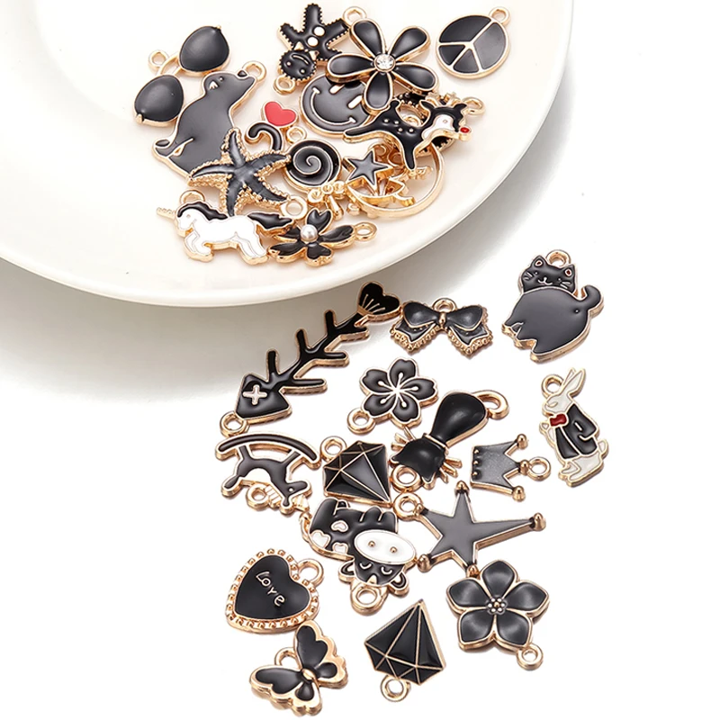 30 шт. эмалевые подвески в форме капли Смешанные Подвески виде черного кота цветка