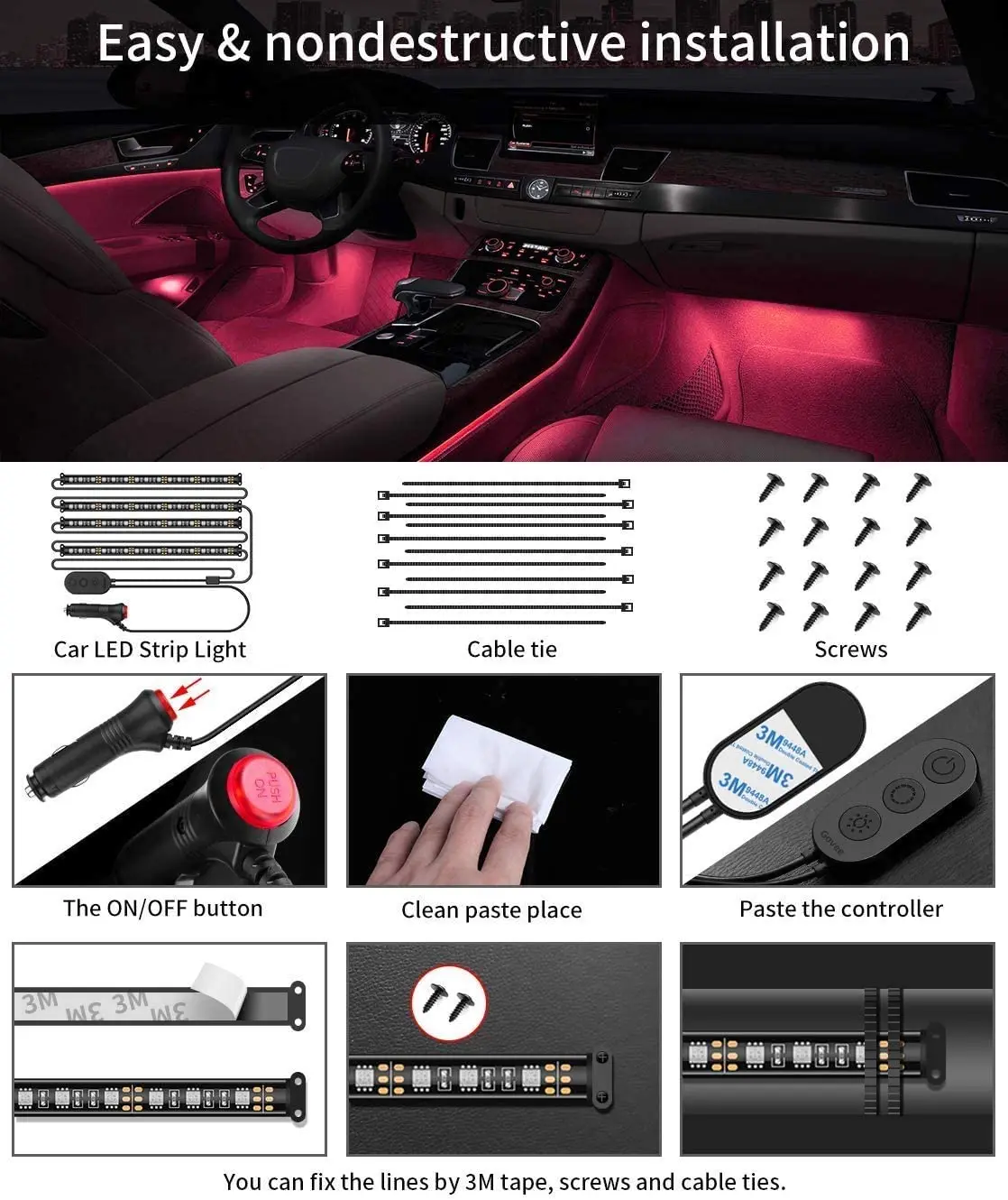 

Interior Car Lights, LED Car Strip Lights with Two-Line Waterproof Design, 48 LEDs App Control Car Light Kit, DIY Mode and
