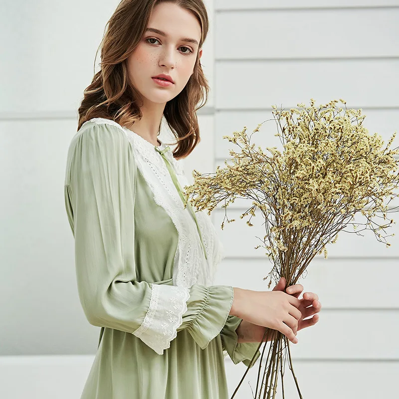 Pajamas Women Autumn Cotton Silk Green CutePalace Retro Long Sleeve Nightdress Mid-length Home Service