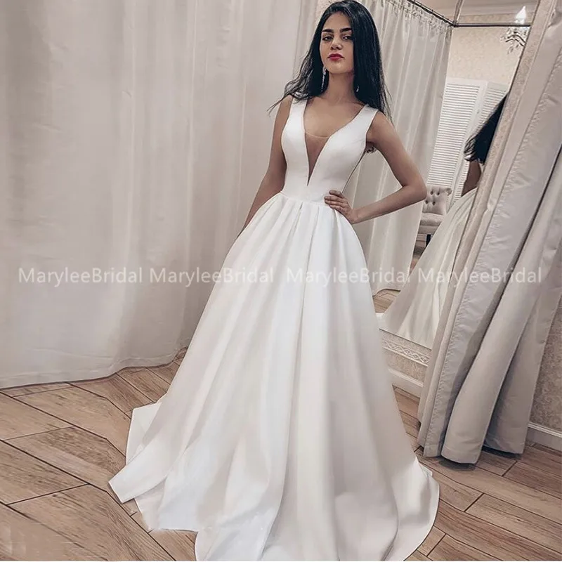 Cheapest A-line Wedding Dresses Deep V-neck White Ivory Satin Vestido De Novia 2019 Backless Beaded Wedding Gowns Sweep Train