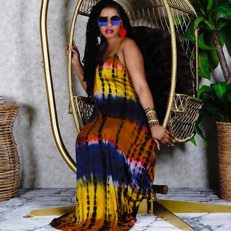Пикантные женские тай дай слинг Длинное Макси платье летняя пляжная одежда для