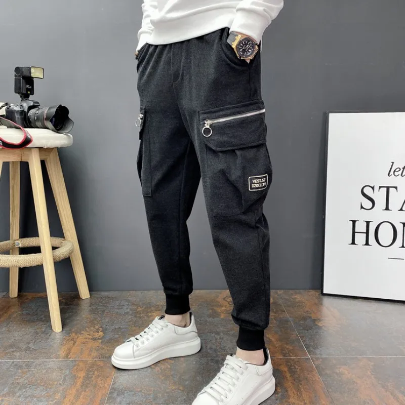 

Black Cargo Pants Ankle Length Drawstring Big Pockets Cotton Sweatpants Men Micro-Elasticity Thicke Loose Autumn Winter Korean