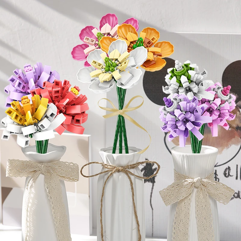 

MOC Romantic Bouquet Rose Flowers Building Blocks Creator Ideas Bricks Home Furnishings Assembling DIY Toys For Children Adult