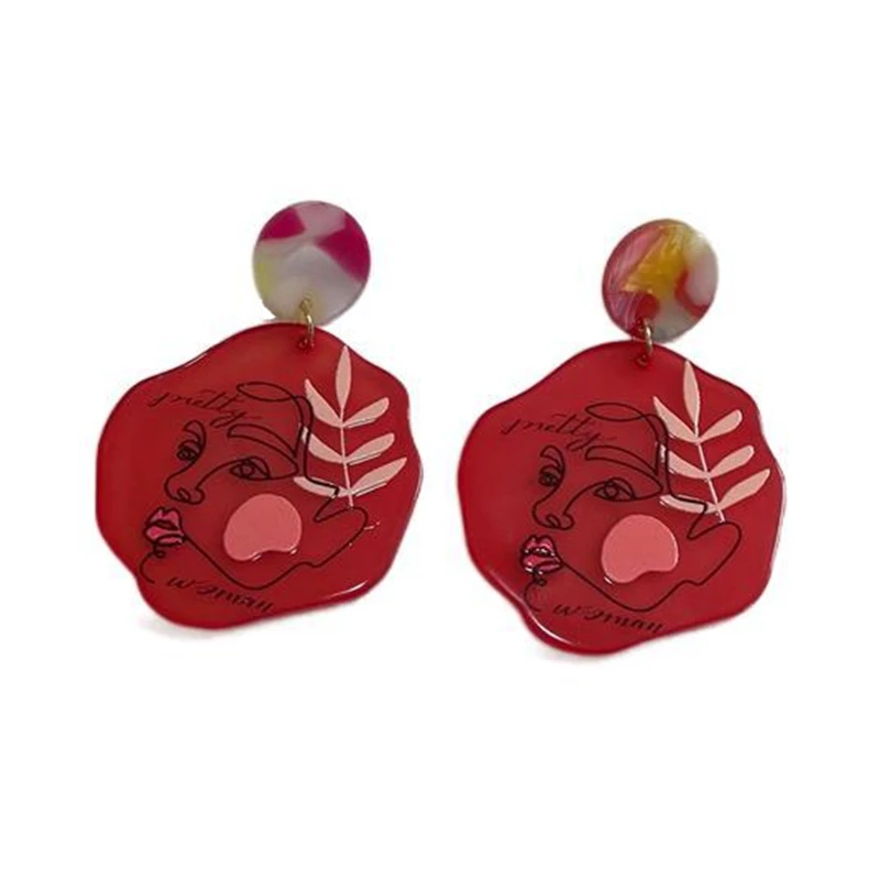 

2021 new red acrylic abstract art beauty face pendant simple fashion earrings for women, light luxury party jewelry gifts