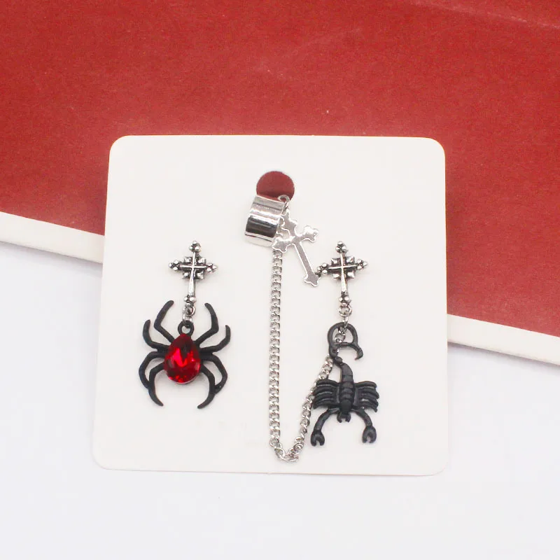 Fashion Parts Punk Red Crystal Glass Spider Black Scorpion Ear Clip Asymmetric Dangle Earrings Wholesale
