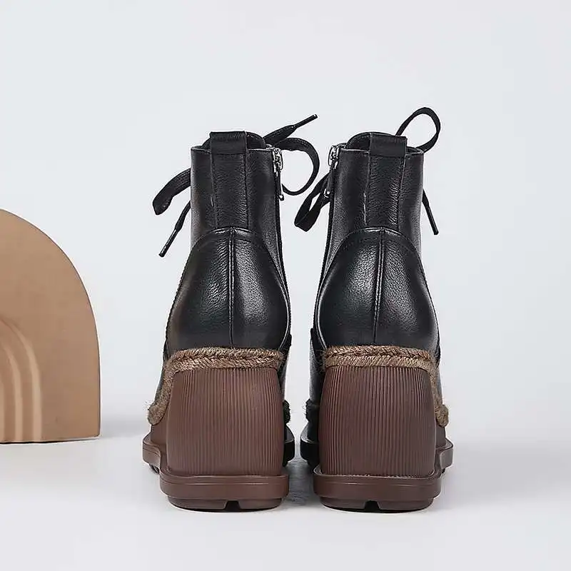 

krazing pot new natural leather round toe super high heel wedges cross-tied superstar winter keep warm classic ankle boots L67