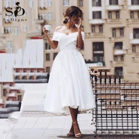 sodigne white satin wedding dress 2022 simple off the shoulder tea length bride gowns beach short wedding gown plus size