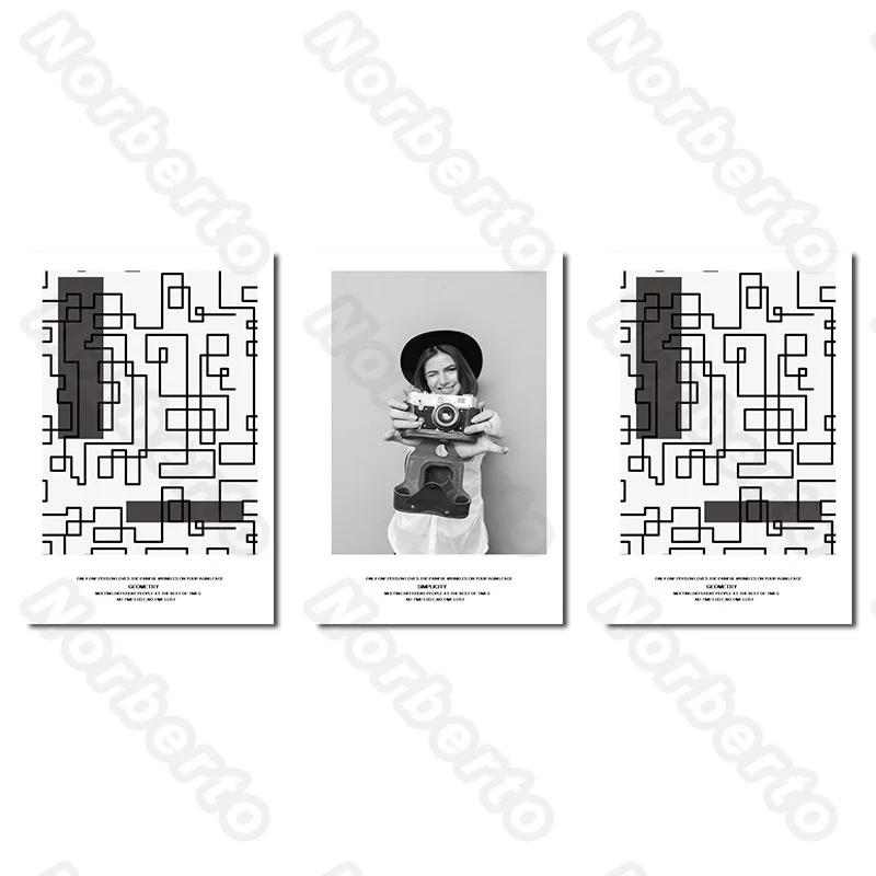 

Black and White Pictures Canvas Painting Poster Puzzle Maze Pictures and a Smiling Girl with Camera for Home Rooms Decoration