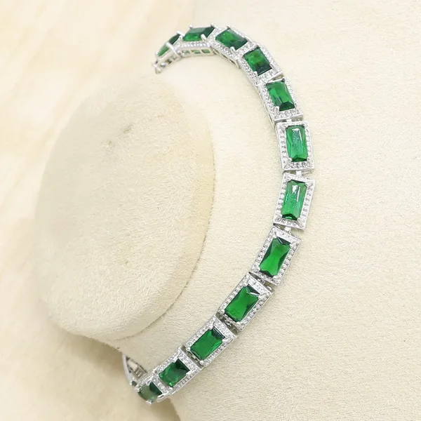 Bracelet Геометрический зеленый циркониевый 925 пробы серебра набор украшений для женщин Свадебные браслет, серьги, ожерелье кулон подарочные коробки для колец - Окраска металла: Bracelet