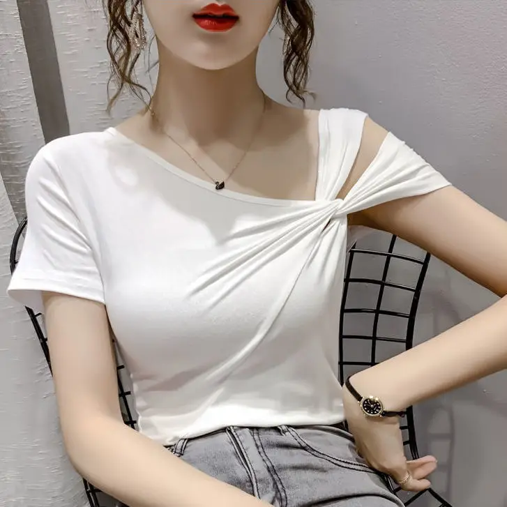 

New 2021 Fashion Cotton Women T Shirts Summer Short Sleeve Plus Size Korean Crop Tops Slim Female Tshirt Solid Casual Harajuku