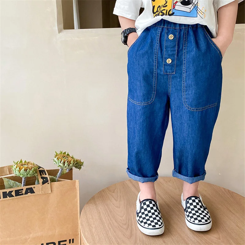 

2021 Summer New Boys Girls Solid Color Casual Thin Jeans Baby Kids Cotton Loose All-match Denim Pants