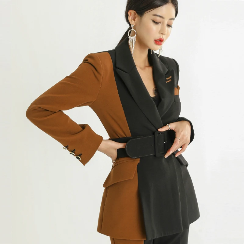 

Autumn Office Ladies Hit color two piece set top and pants Elegant Female Casual Business matching suit sets Women clothing