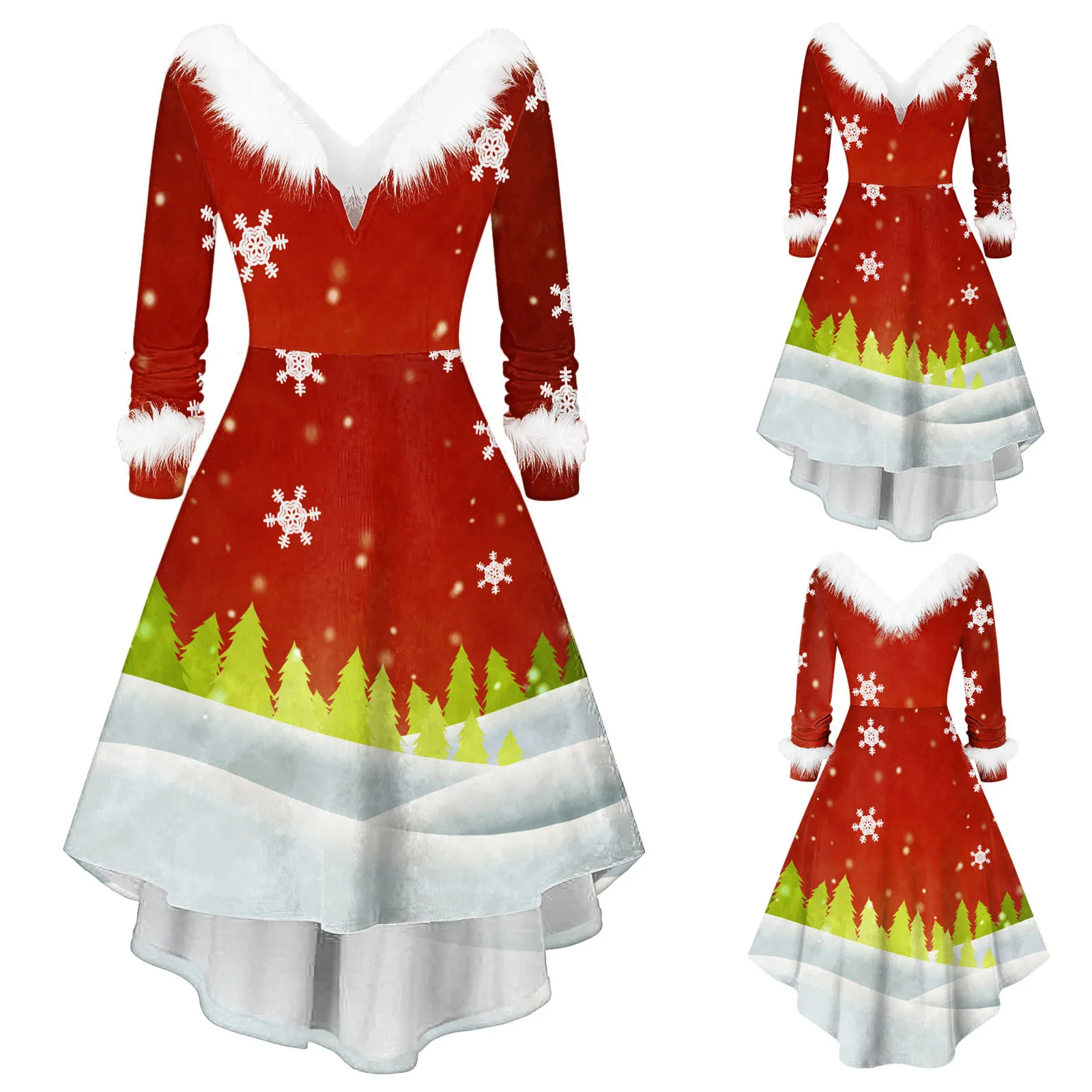 

Женское приталенное рождественское платье, асимметричное праздничное платье большого размера с длинным рукавом, V-образным вырезом и принт...