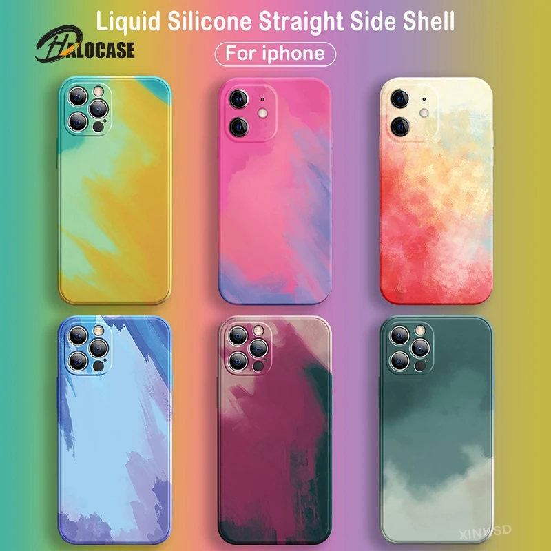 

Ultra-thin Watercolor Liquid Silicone Phone Case For iPhone 11 12 Pro Max X XS Max XR 8 7 Plus Gradient Camera Protection Cover