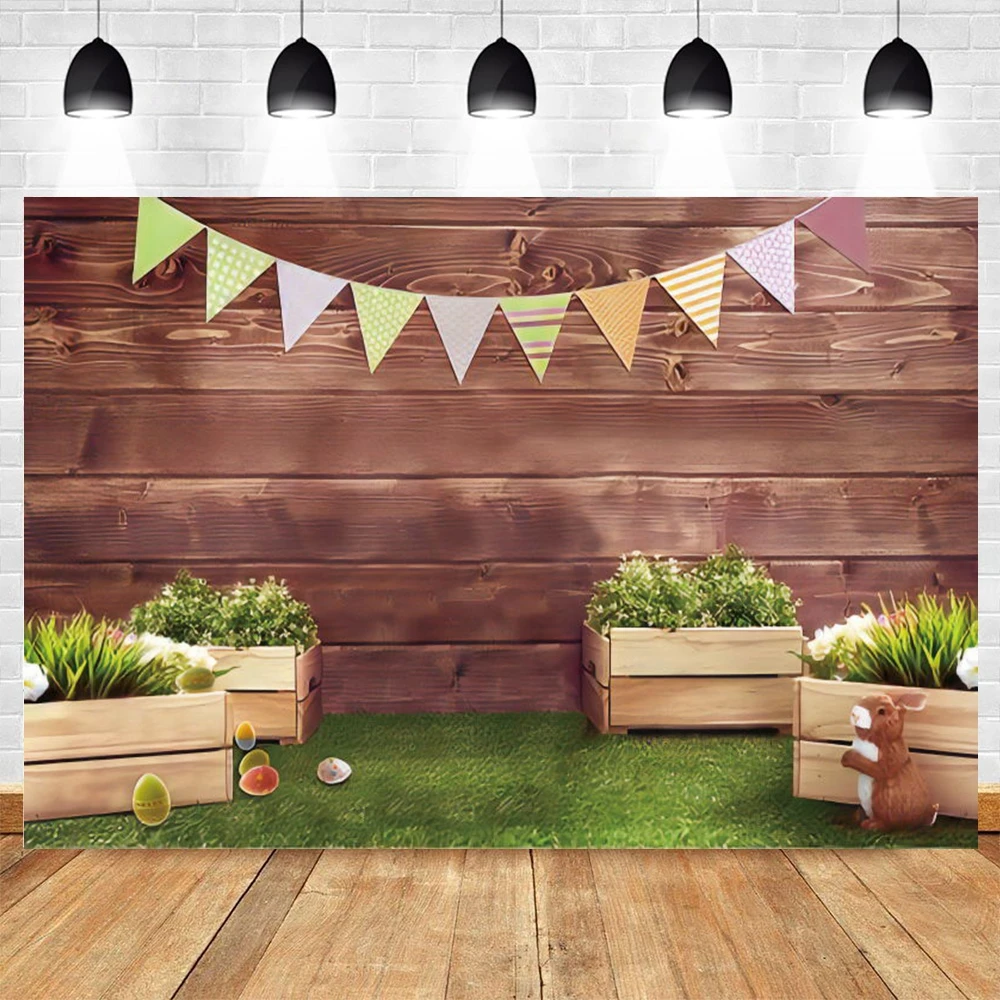 

Spring Easter Backdrop Rabbit Eggs Wooden Wall Flowers Grass Photography Background Party Decoration Kids Portrait Photo Booth