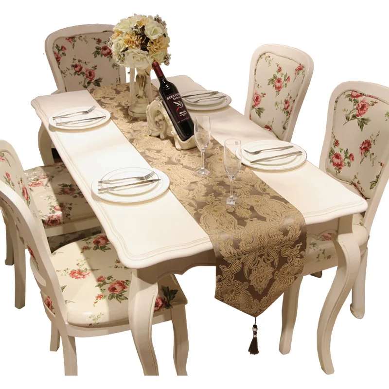 

European Embroidered Floral Table Runner Luxury Modern Rice White Table Flag Decor for Dining Table Shoe Cabinet with Tassels