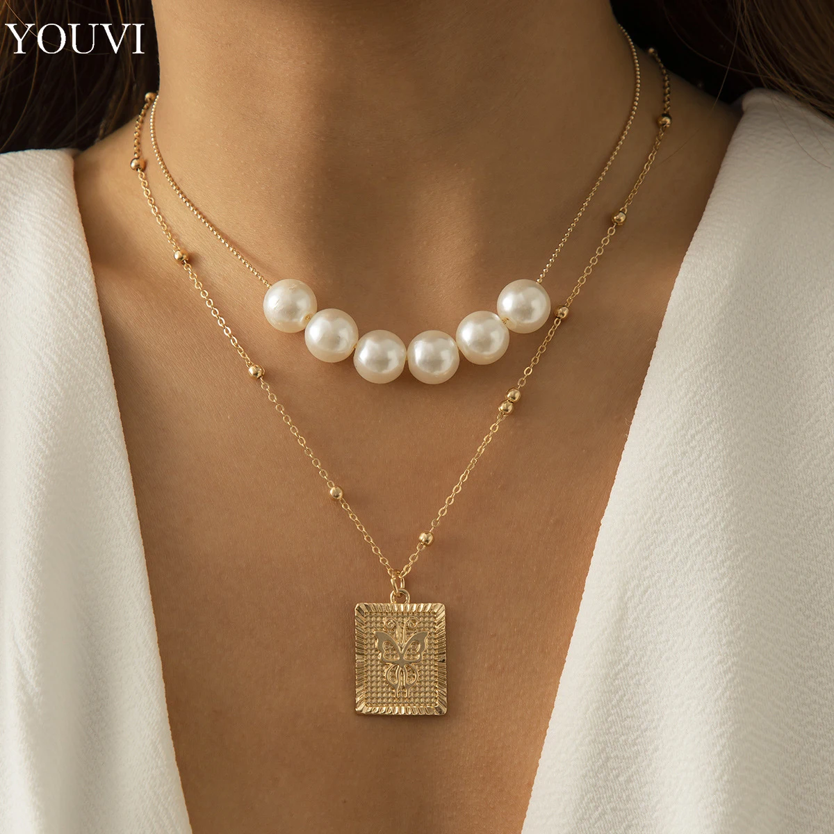 

YOUVI Vintage Pearl Necklace Set for Women Jewelry 2Pcs Layered Geometric Coin Butterfly Pedant Ncecklace Charms Choker Collar