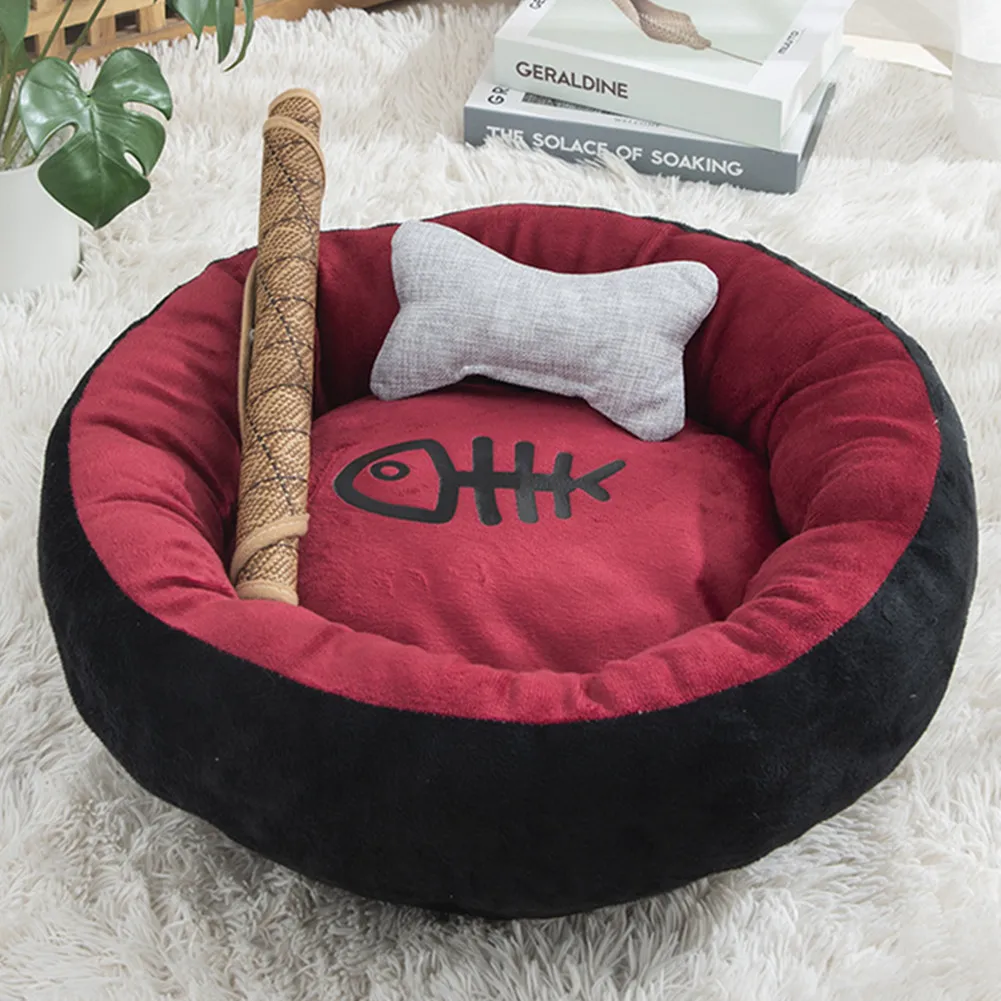 Кровать для кошки с рыбными косточками круглый короткий плюшевый коврик