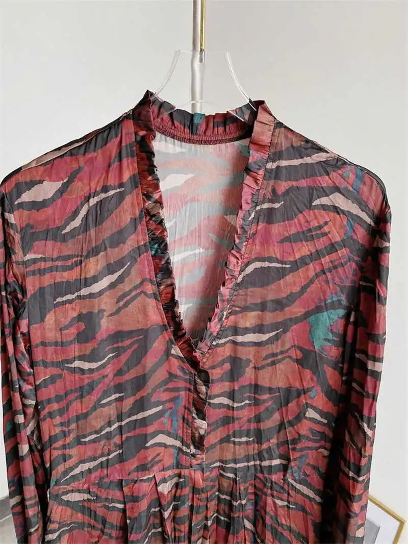 

Vintage Colorful Graffiti Printed Midi Dress V-neck Frills detail Long Sleeves Fashion Robe 2021ss Women dress