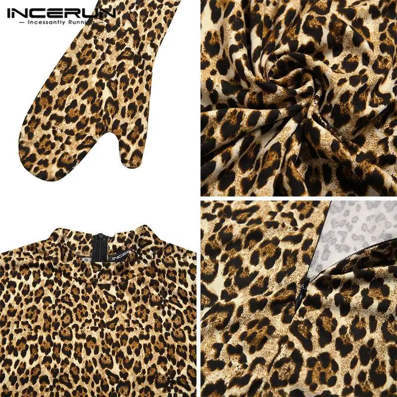 

Fashion Leopard Printed Onesies INCERUN Men Long Sleeve Turtleneck Jumpsuit Pajamas Casual Fitness Zipper Romper Homewear S-5XL