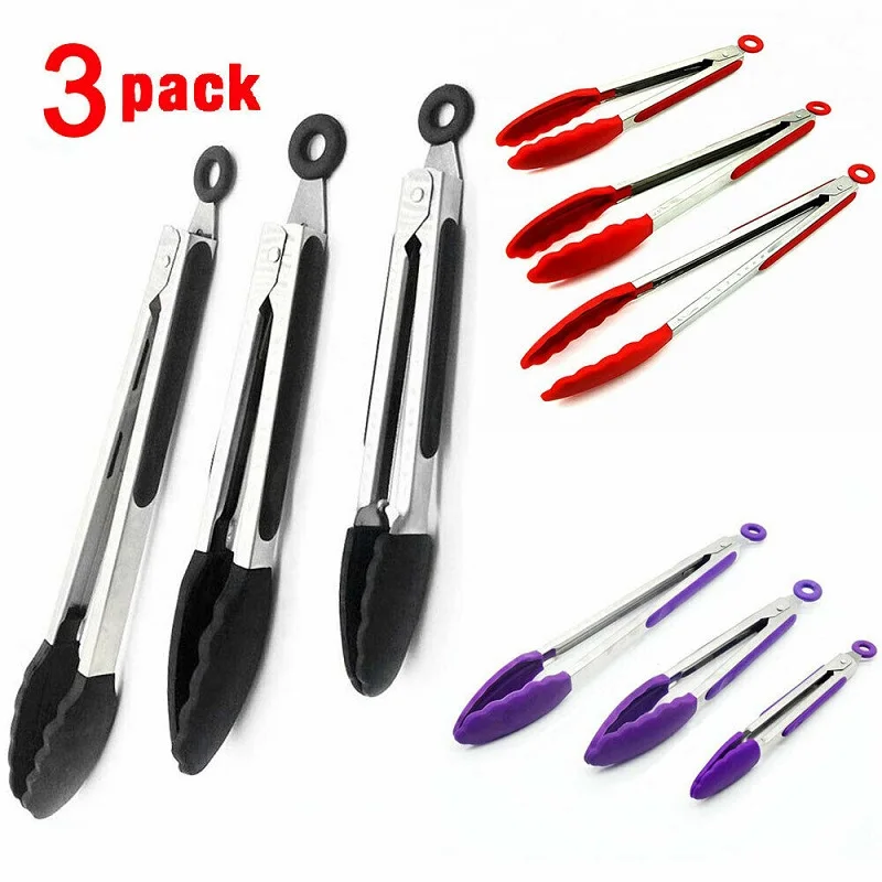 

3PCS BBQ Grilling Tong Stainless Steel Kitchen Tongs with Silicone Tips Salad Bread Serving Tong Non-Stick Kitchen Accessories