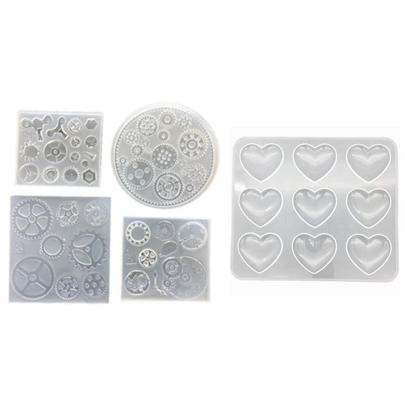 

4 Pcs Unique Punk Gear Wheel Clock Designs Silicone Molds & 1Pcs 9-Even Heart Shape Silicone Cake Mold