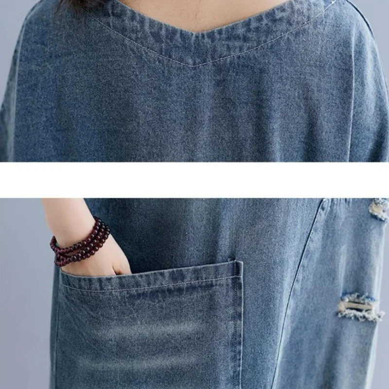 Женское винтажное джинсовое платье с V-образным вырезом и большими карманами
