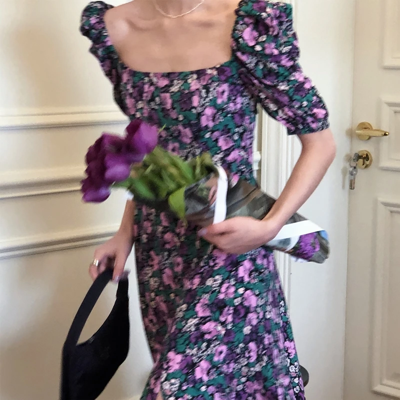 

Women Elegant A-line Midi Dress Vintage printing party vestidos Three Quarter Sleeve women Slim Spring Summer Dress