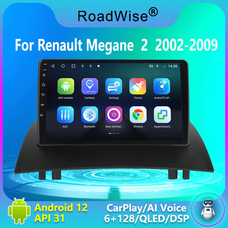 Roadwise для Renault Megane 2 2002 - 2005 2006 2007 2008 2009 Android 12 Carplay Автомагнитола мультимедийный