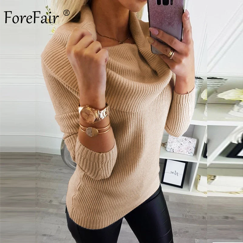 Forefair, вязаный свитер с воротником, зима, белый, черный, хаки, тонкая водолазка, трикотаж, Осенний Женский пуловер - Цвет: Khaki Sweater