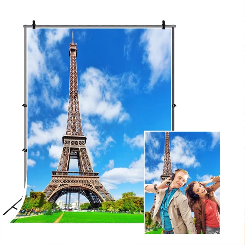 Laeacco Весна голубое небо облачная зеленая трава Эйфелева башня парк Природный