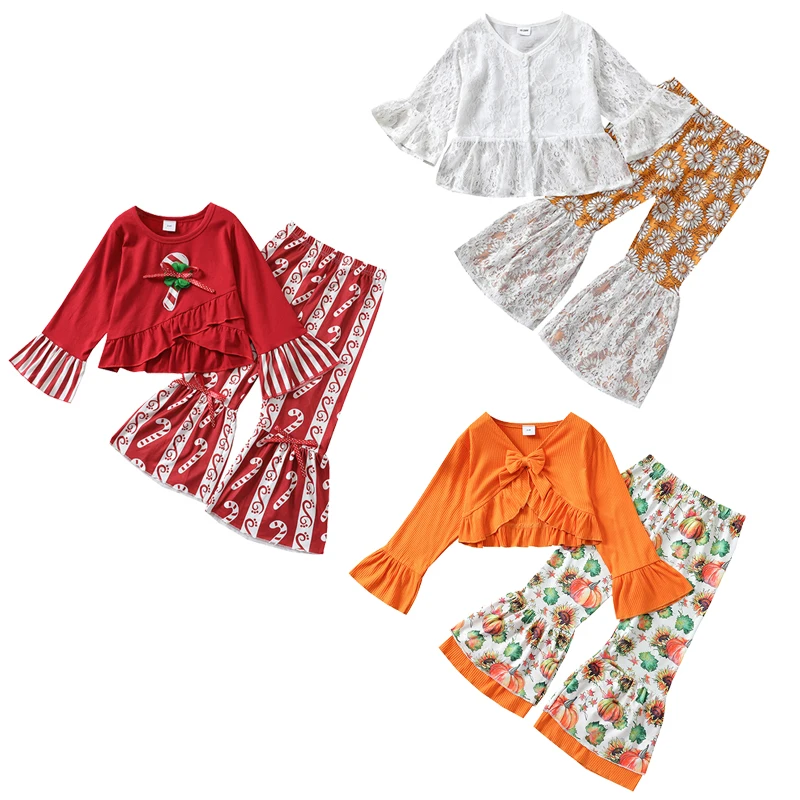 

2pcs/set Christmas Halloween Costume Top + Daisy Pumpkin Flared Pants Clothing Sets Children's Clothes Gifts For 3-7 Y Kids