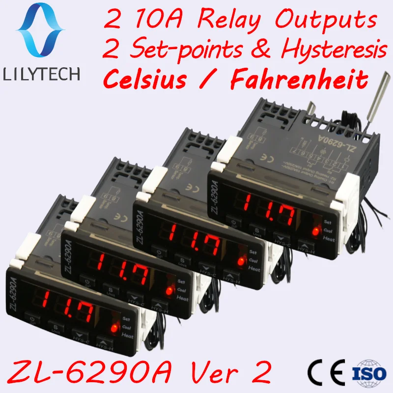 

ZL-6290A , 4 шт. в упаковке , по Цельсию по Фаренгейту, двойной выход 10A , термостат для инкубатора, аналогичный STC-1000 инкубатор терморегулятор термостат регулятор температуры